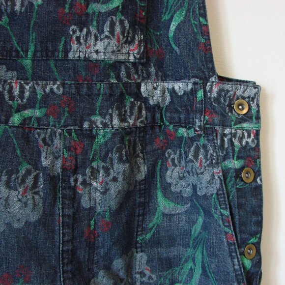Denim Jean Overalls Japanese Floral Artsy Distressed Carpenter Loose Fit Large - Picture 7 of 16